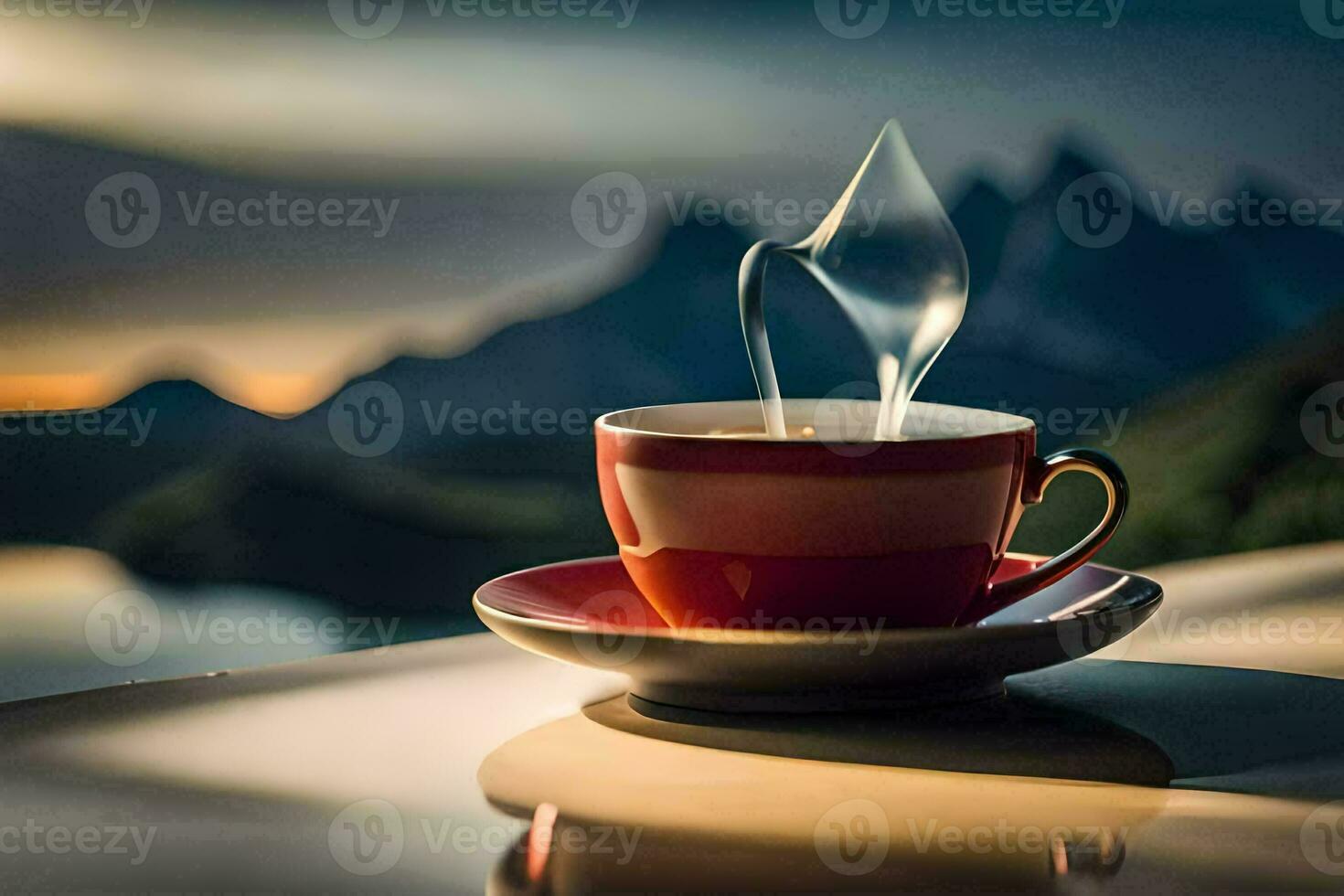 a cup of coffee on a table with mountains in the background. AI-Generated photo