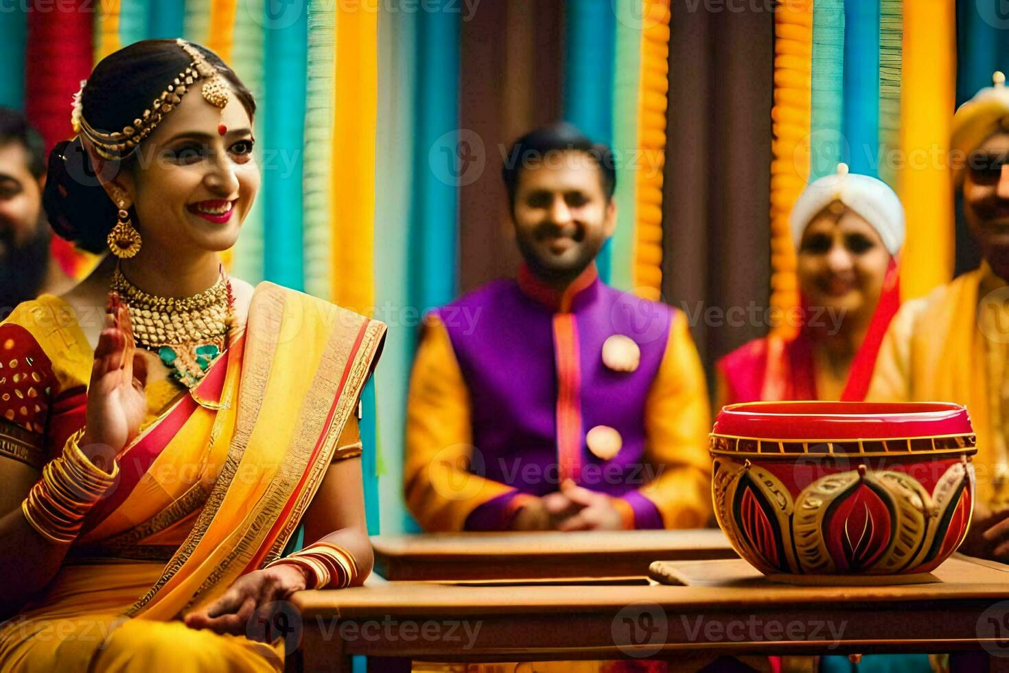a woman in a colorful sari is smiling while her husband is holding a bowl. AI-Generated photo