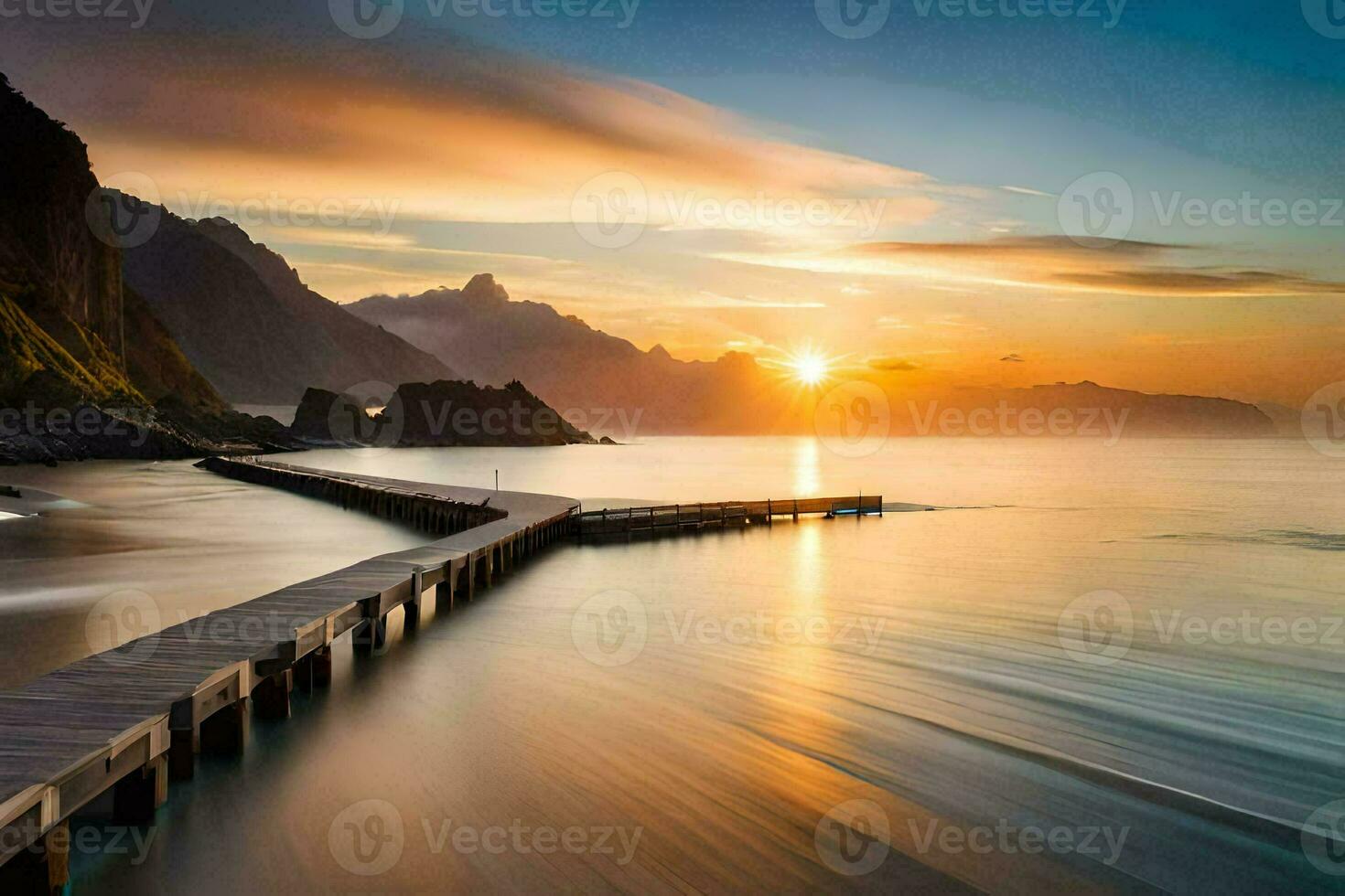 a pier stretches out into the ocean at sunset. AI-Generated photo