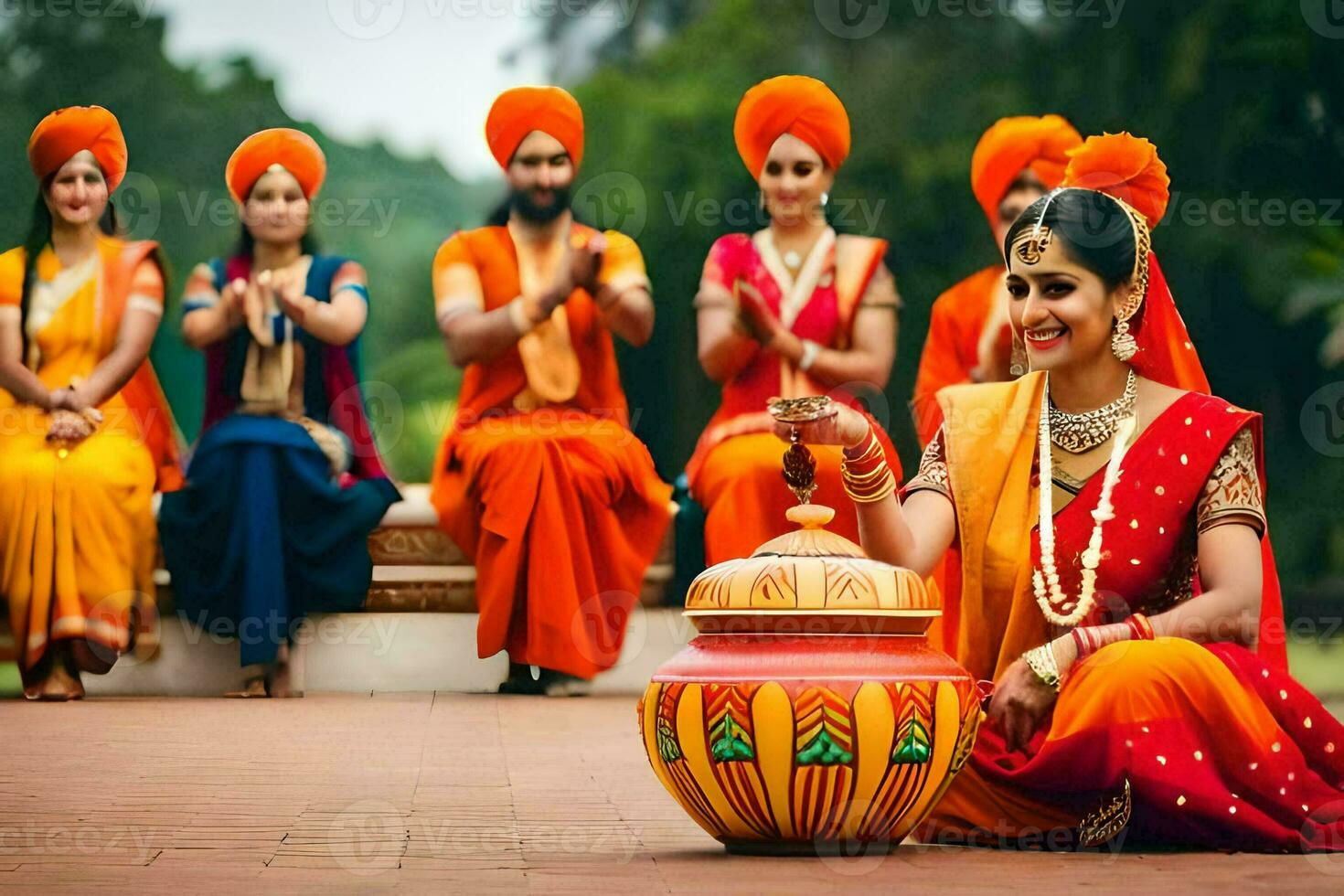 a woman in orange and yellow dress sitting on the ground with other women in traditional indian outfits. AI-Generated photo