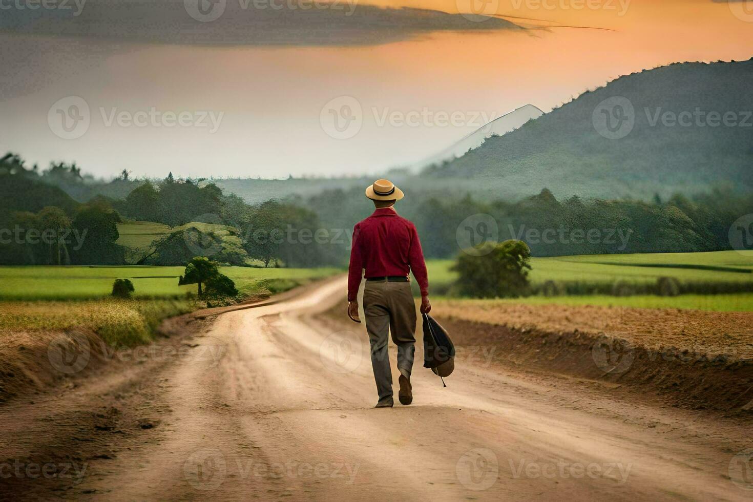 a man walking down a dirt road with a hat. AI-Generated photo