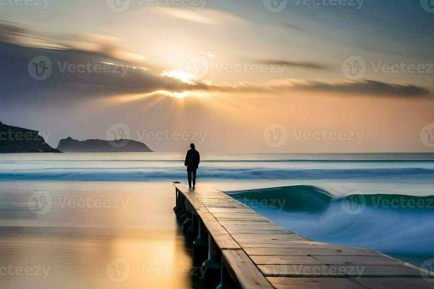 a man standing on a pier looking out at the ocean. AI-Generated photo