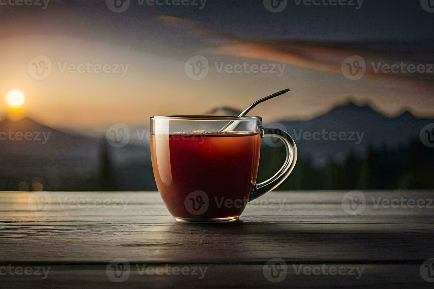 un taza de té en un de madera mesa con un montaña en el antecedentes. generado por ai foto