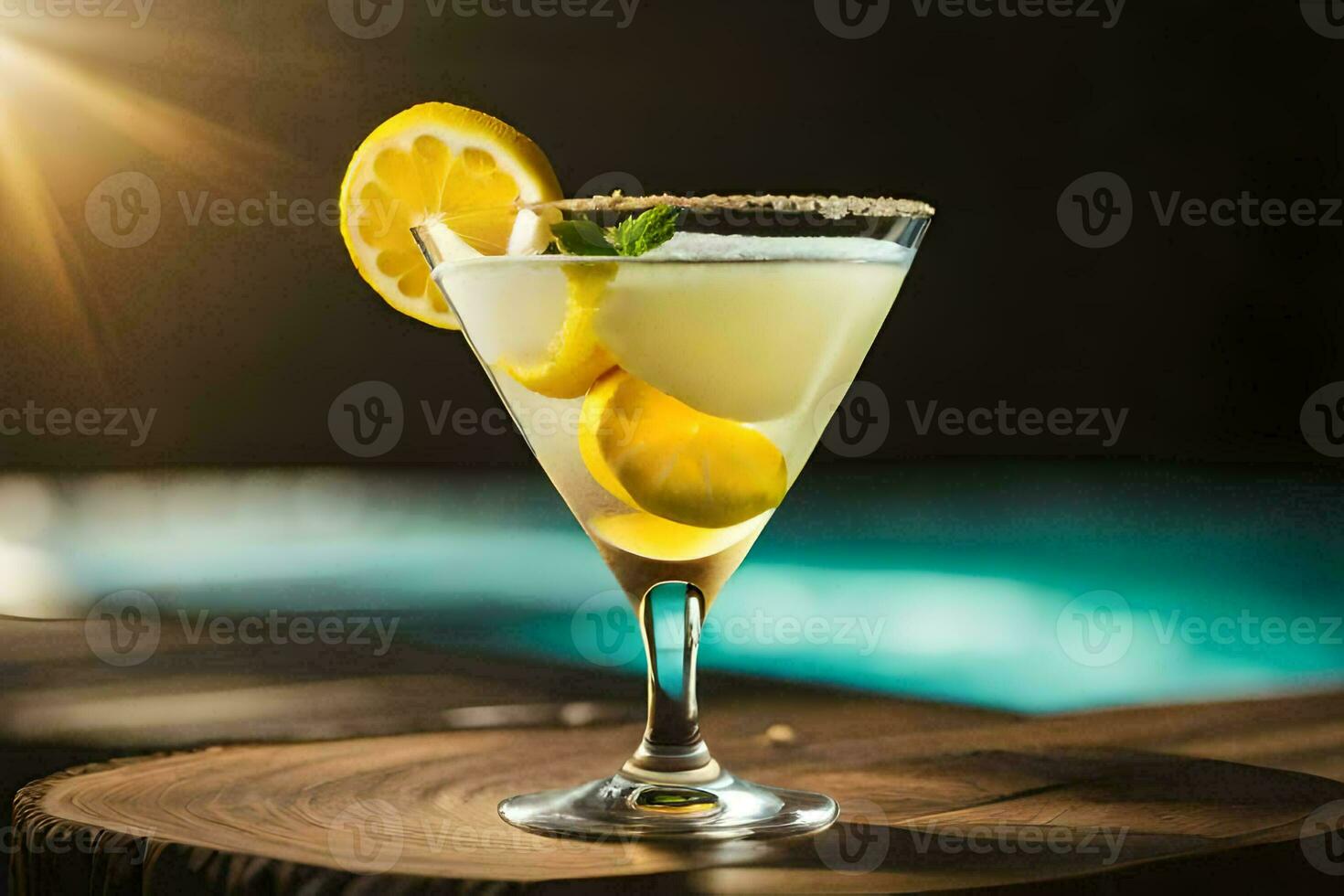 a cocktail with lemon slices on the rim. AI-Generated photo