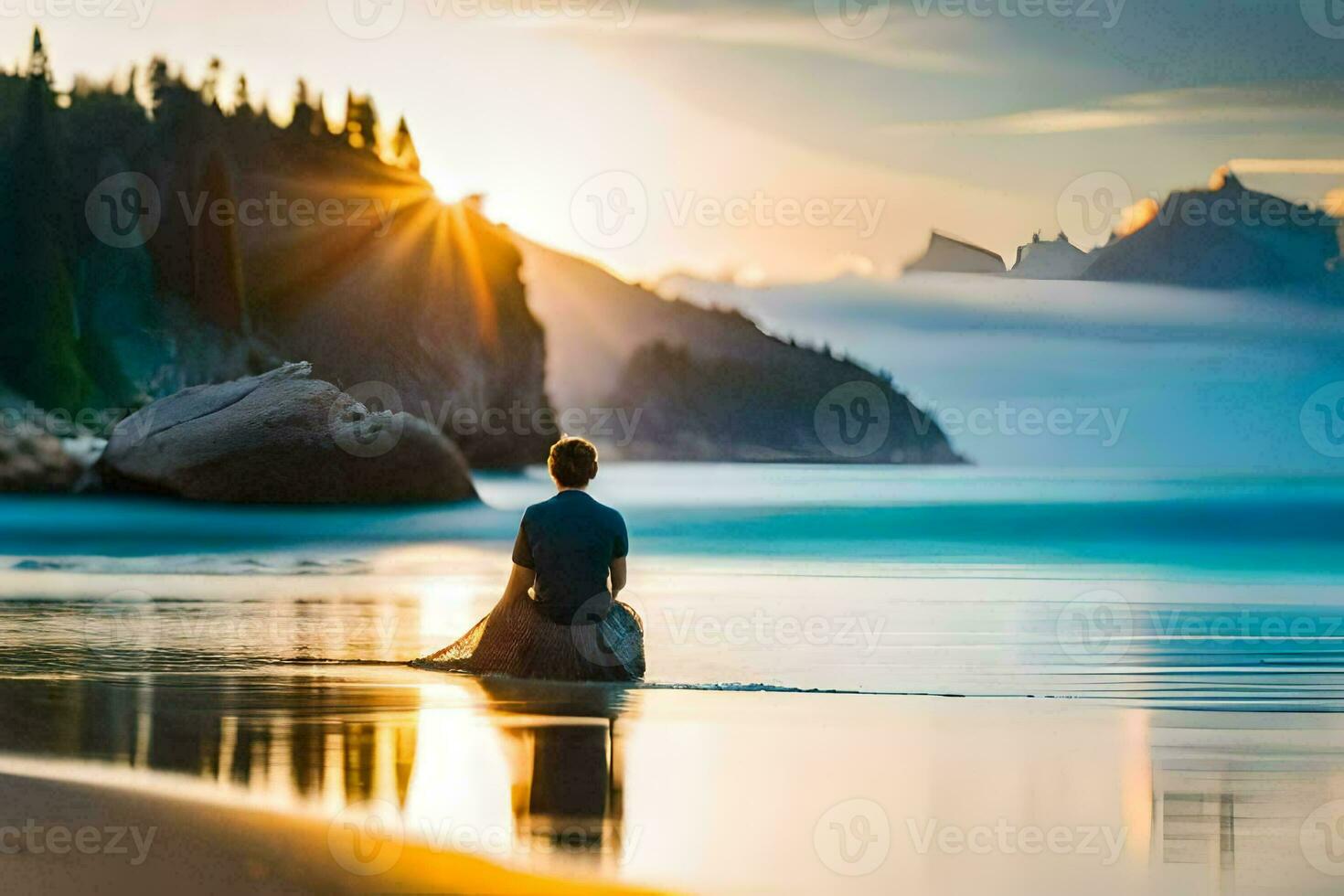 a person sitting on a rock in front of the ocean at sunset. AI-Generated photo