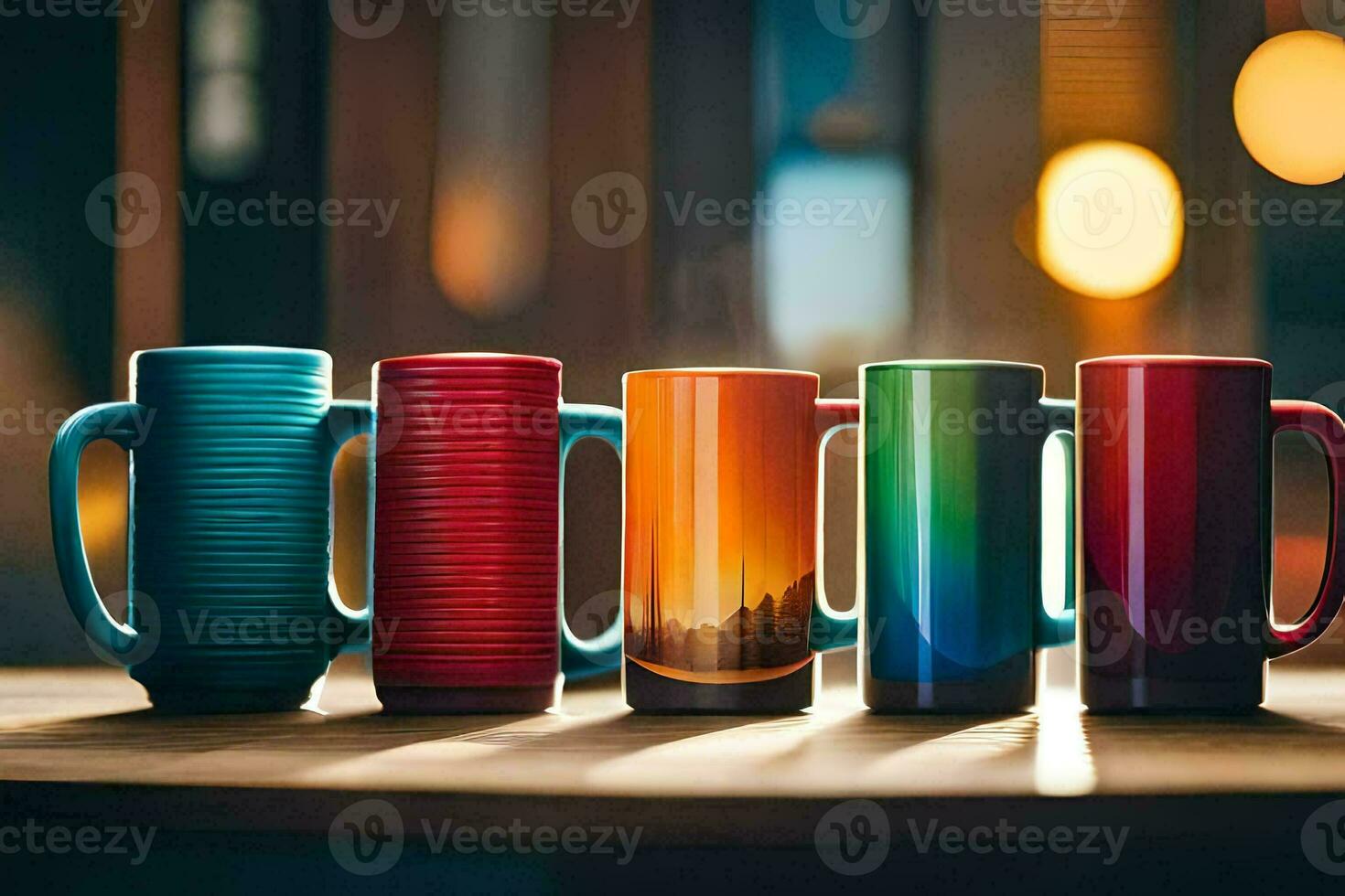 colorful mugs lined up on a table. AI-Generated photo