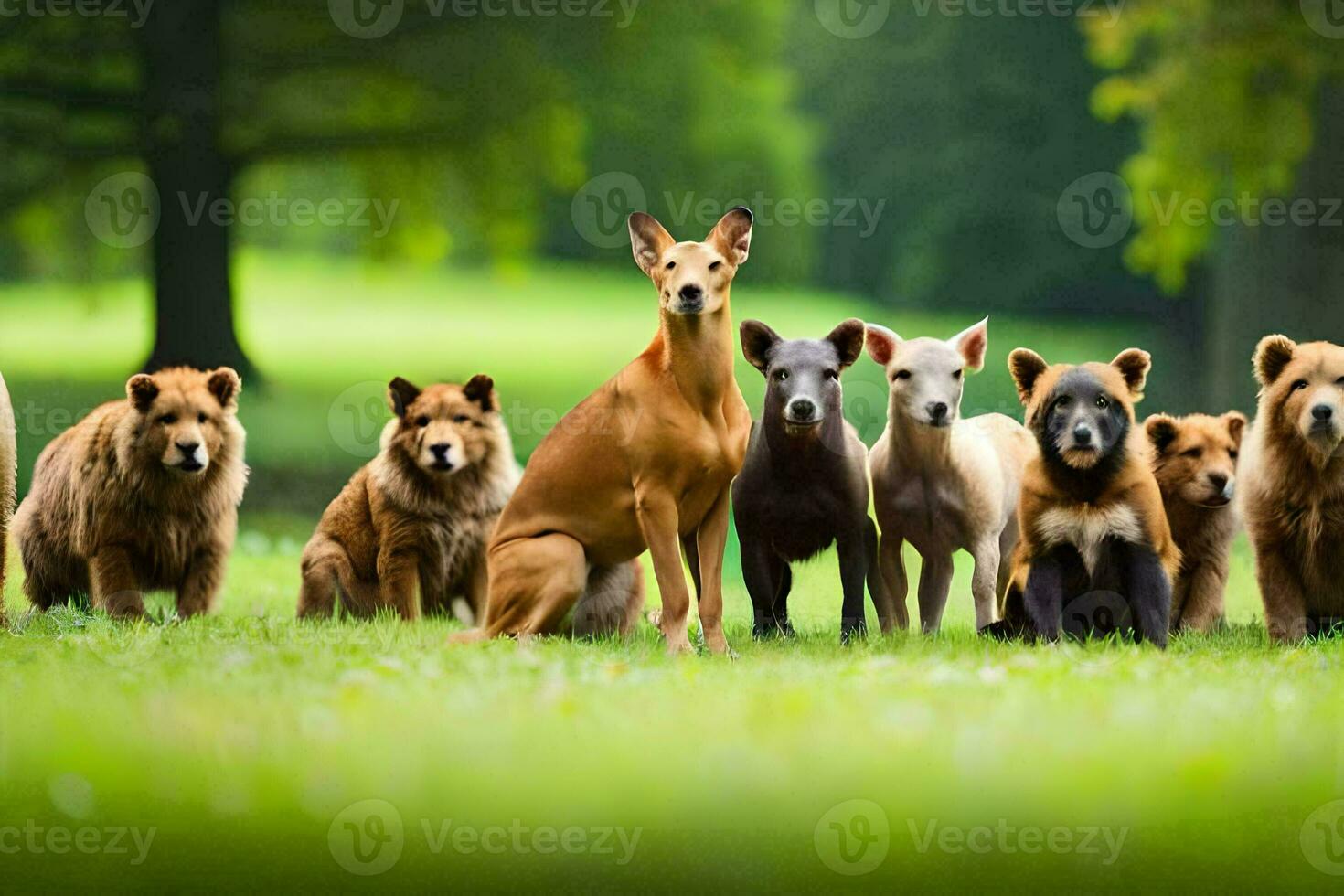 un grupo de perros y osos en pie en el césped. generado por ai foto
