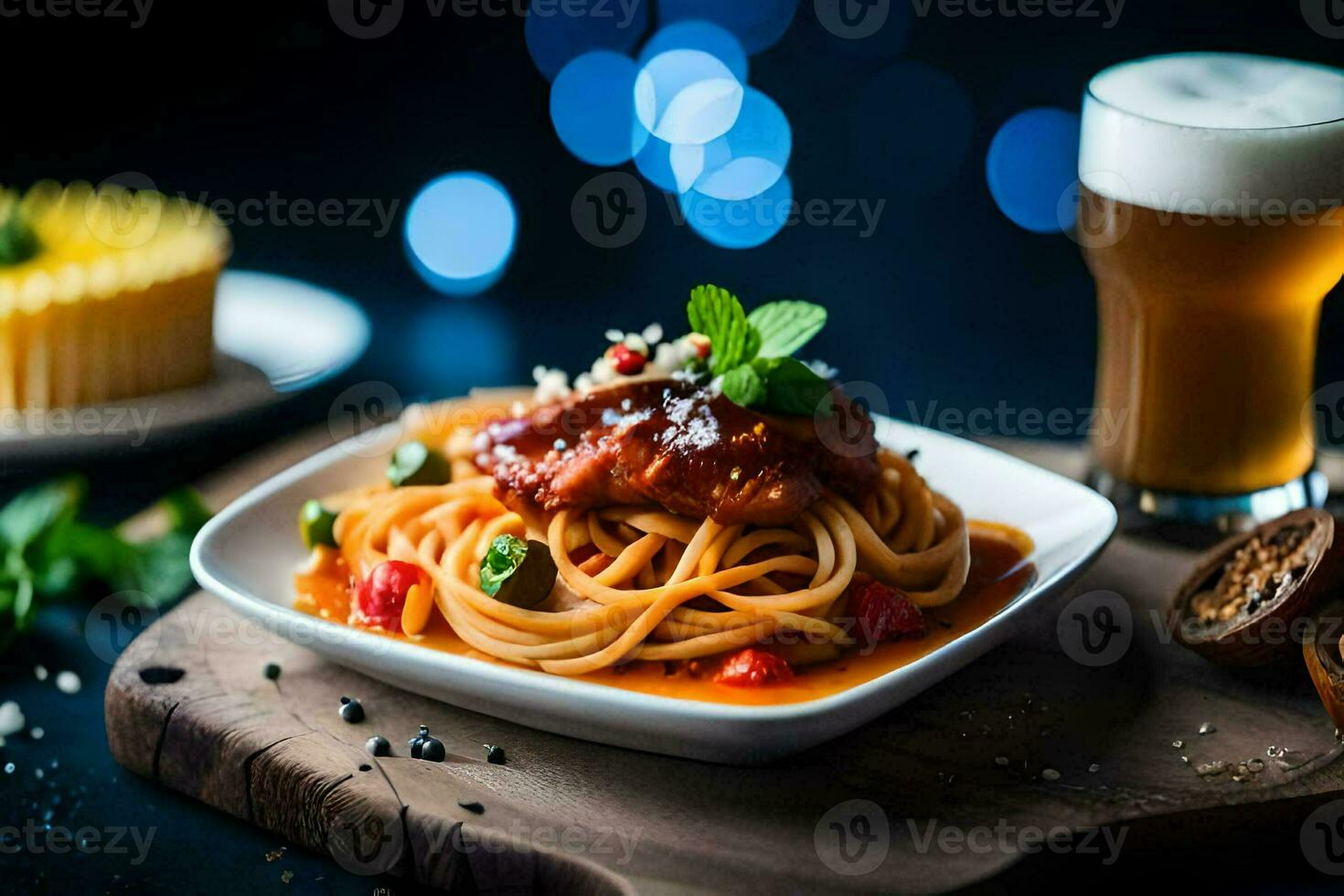 spaghetti with meat and tomato sauce on a wooden table. AI-Generated photo