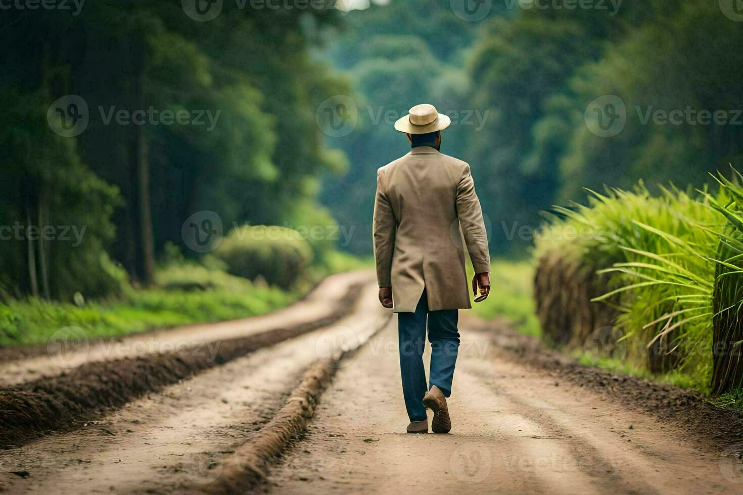 un hombre en un sombrero camina abajo un suciedad la carretera. generado por ai foto