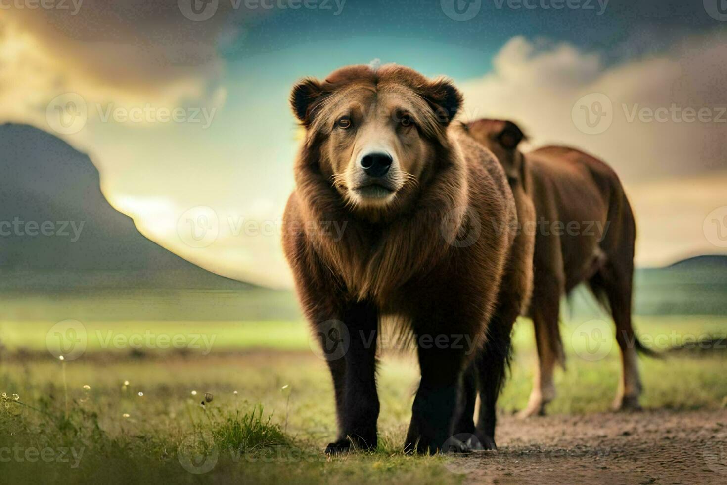 a brown bear walking on a dirt road. AI-Generated photo