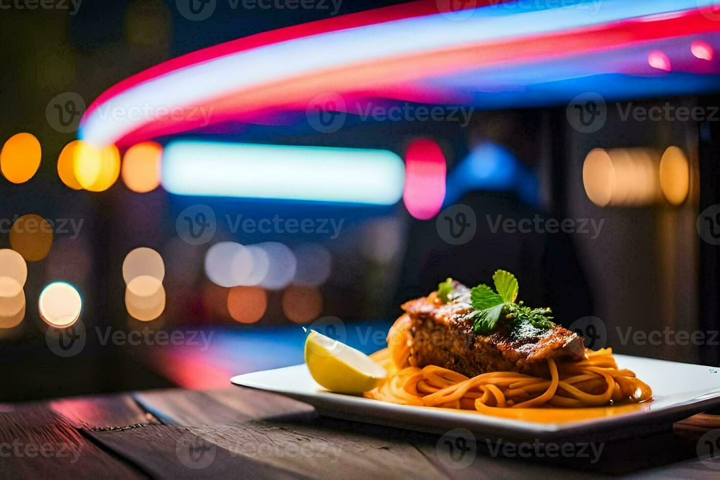 a plate of spaghetti with a lemon wedge on top. AI-Generated photo