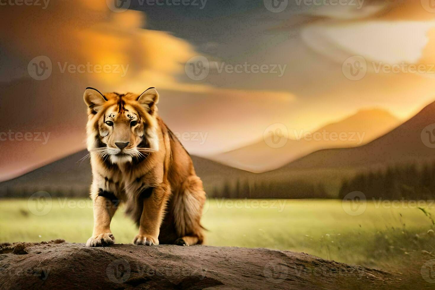 a tiger is standing on a rock in the middle of a field. AI-Generated photo