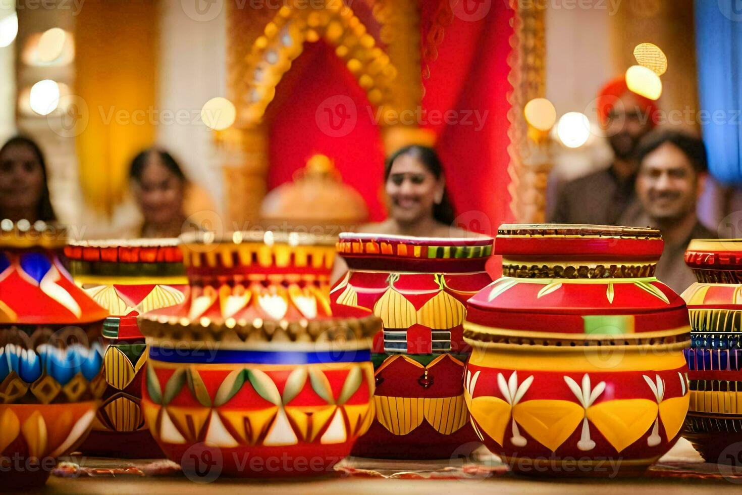 a table with colorful pots on it. AI-Generated photo