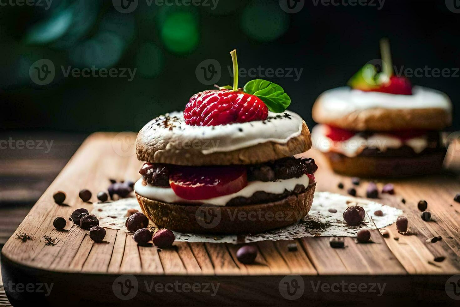 two mini cakes with cream and strawberries on top. AI-Generated photo