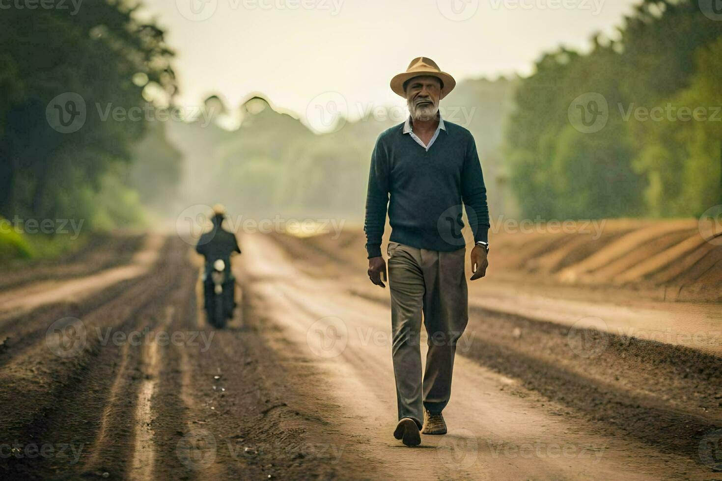 an older man walking down a dirt road with a motorcycle behind him. AI-Generated photo