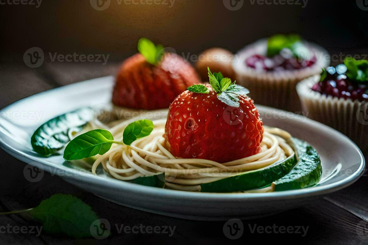 strawberries and spaghetti on a plate. AI-Generated photo