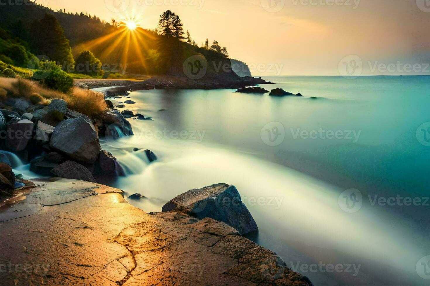 the sun rises over the ocean and rocks. AI-Generated photo