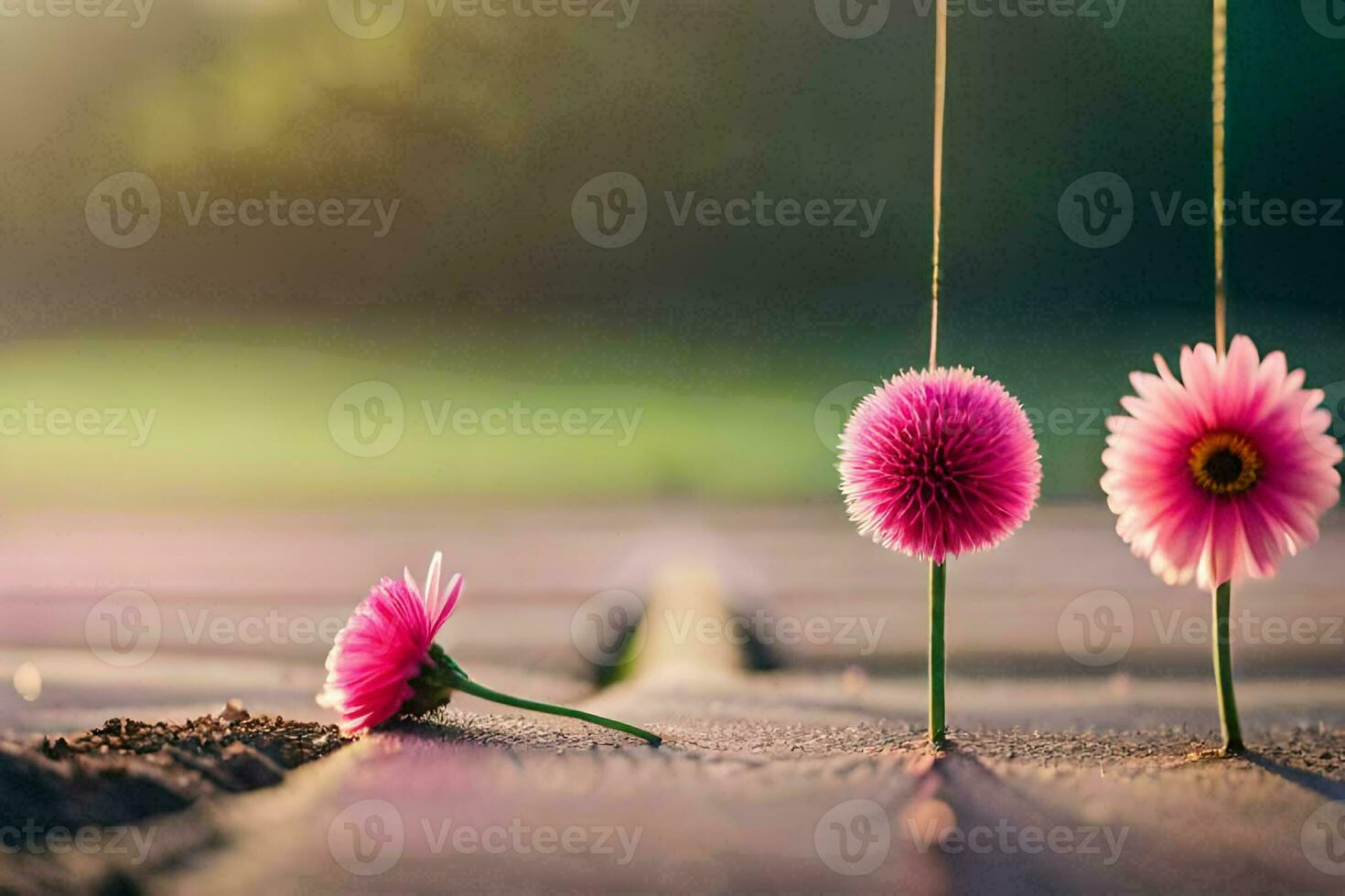 three pink flowers are hanging from a string. AI-Generated photo