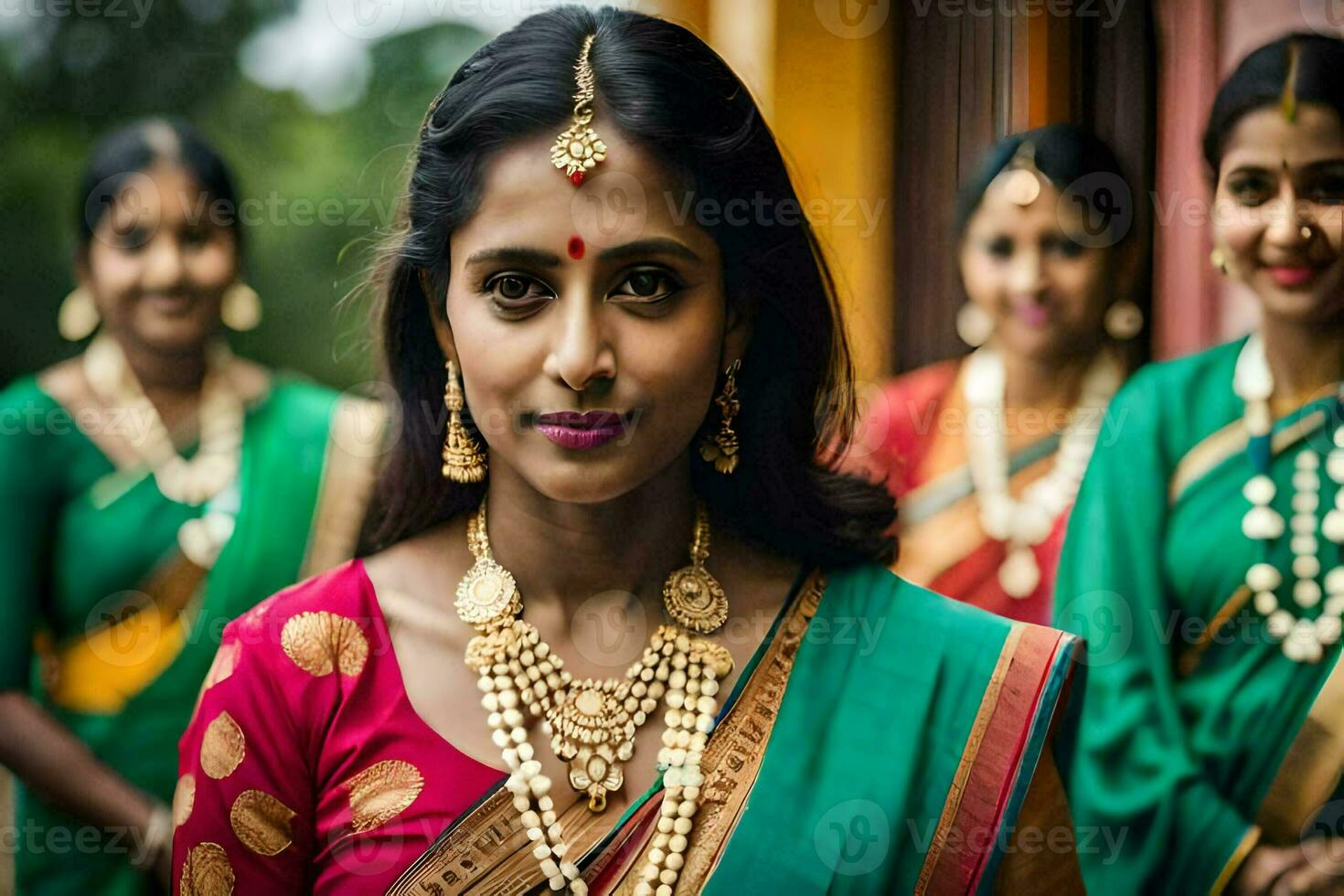 a woman in a sari poses with her friends. AI-Generated photo