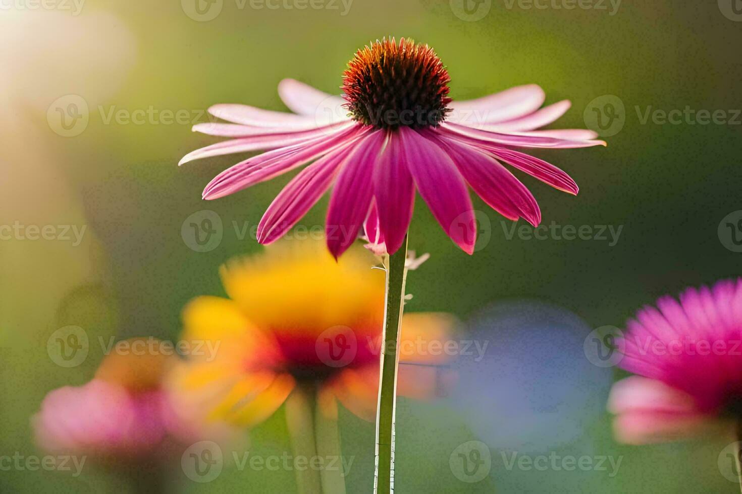 a pink flower is in the foreground with the sun shining. AI-Generated photo
