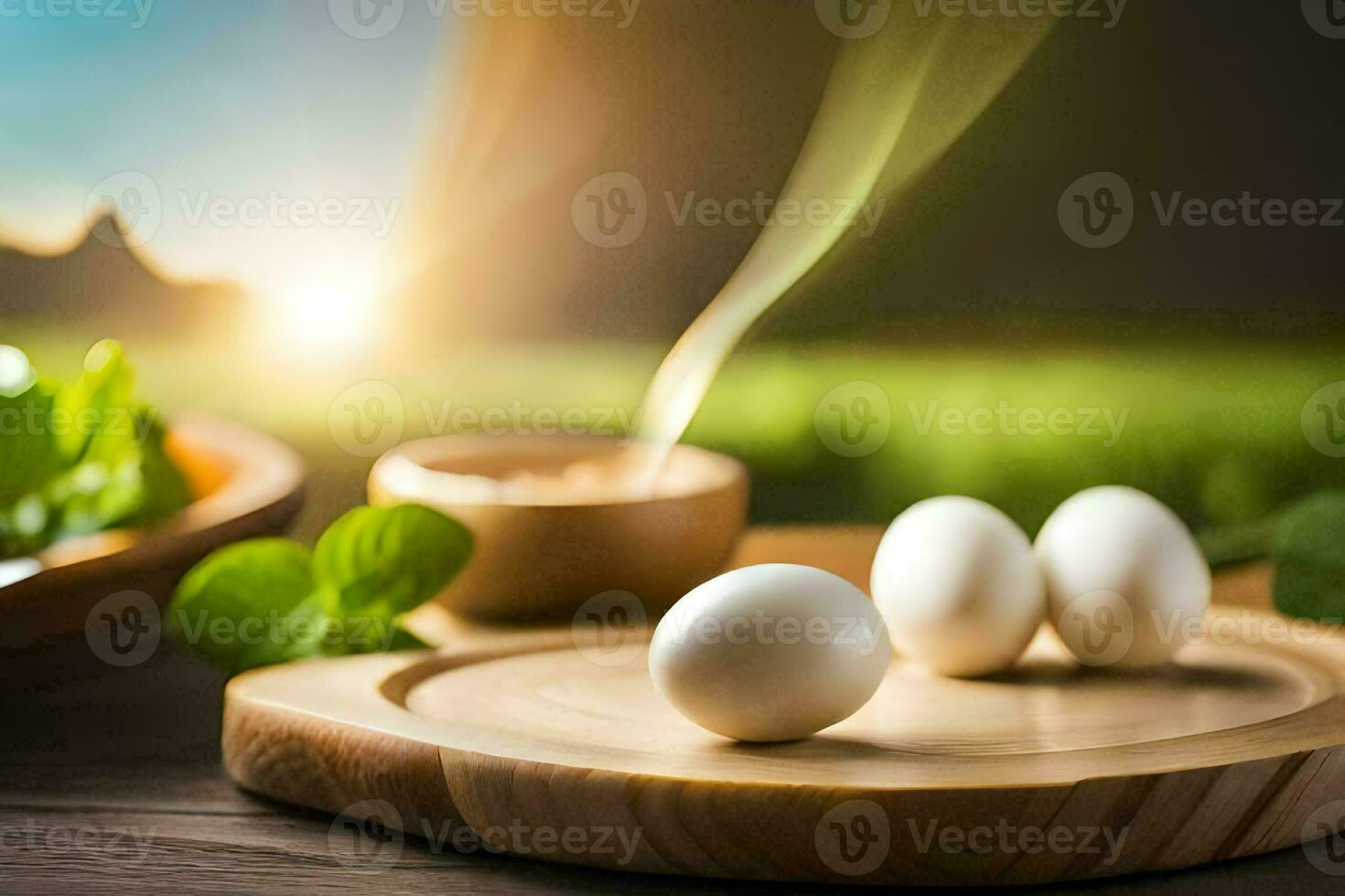 eggs on a wooden board with herbs and a bowl of herbs. AI-Generated photo