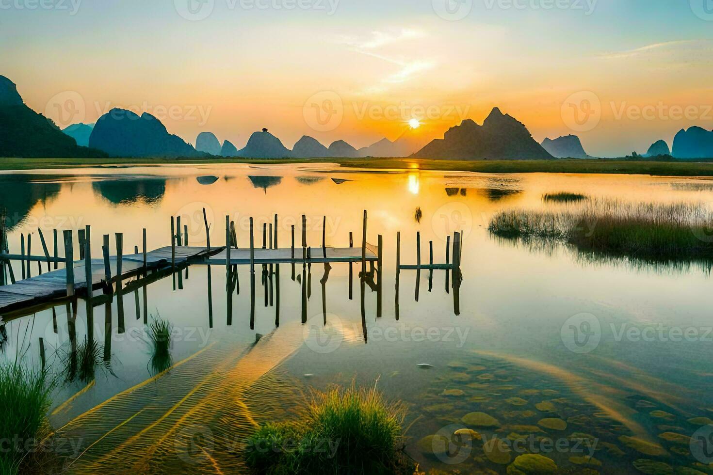 the sunrise over li river, li river, li river, li river, li river, li. AI-Generated photo
