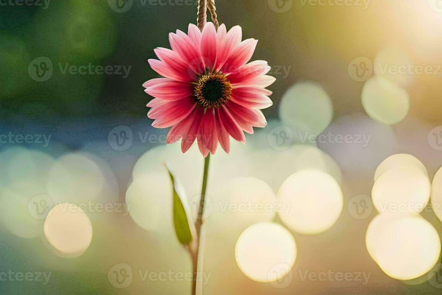 a pink flower is hanging from a string. AI-Generated photo