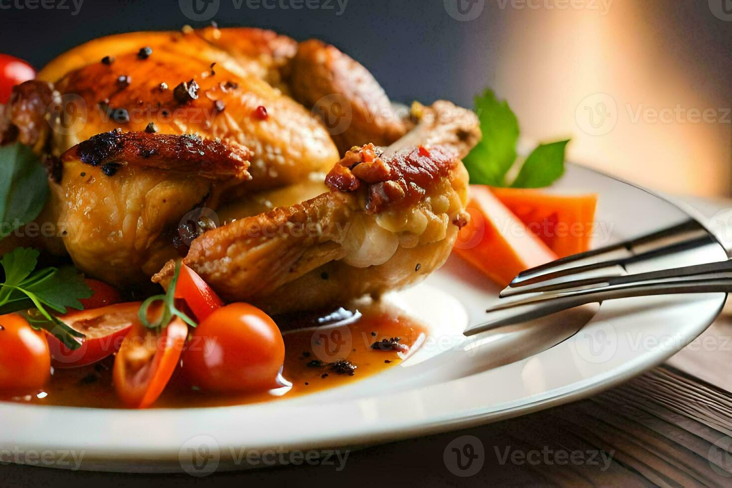 a chicken on a plate with tomatoes and herbs. AI-Generated photo