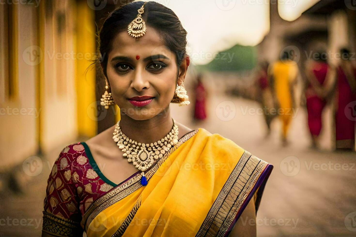 a woman in a yellow sari with gold jewelry. AI-Generated photo