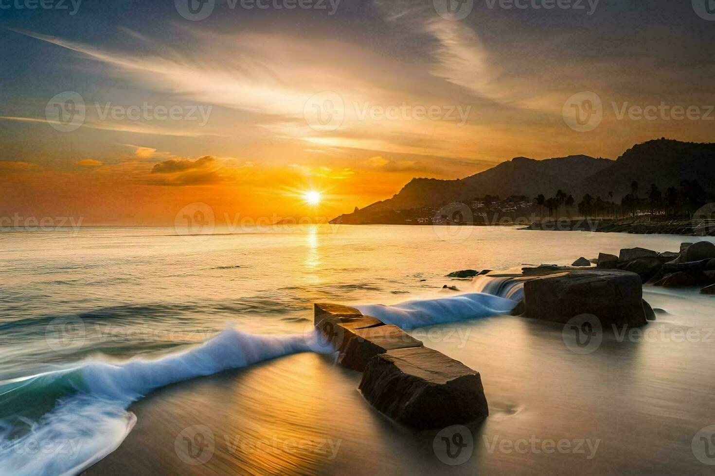 the sun rises over the ocean and rocks in the water. AI-Generated photo