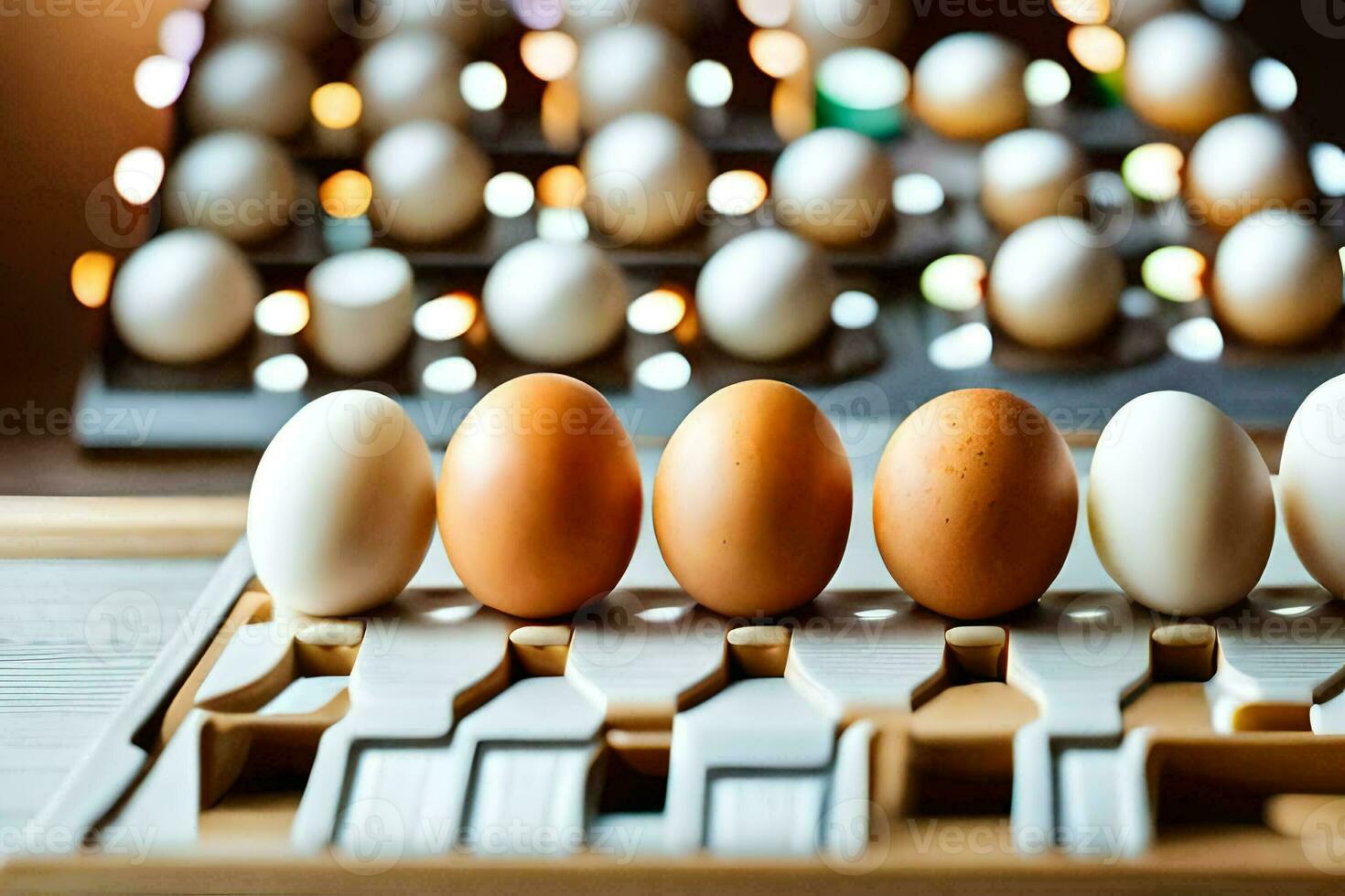 eggs are lined up on a tray in a factory. AI-Generated photo