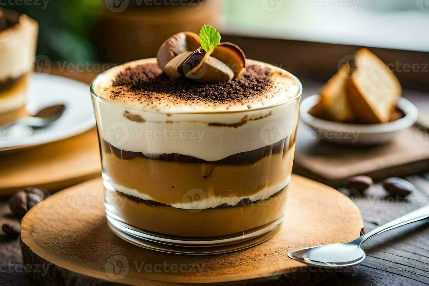 a dessert with coffee and chocolate on a wooden table. AI-Generated photo