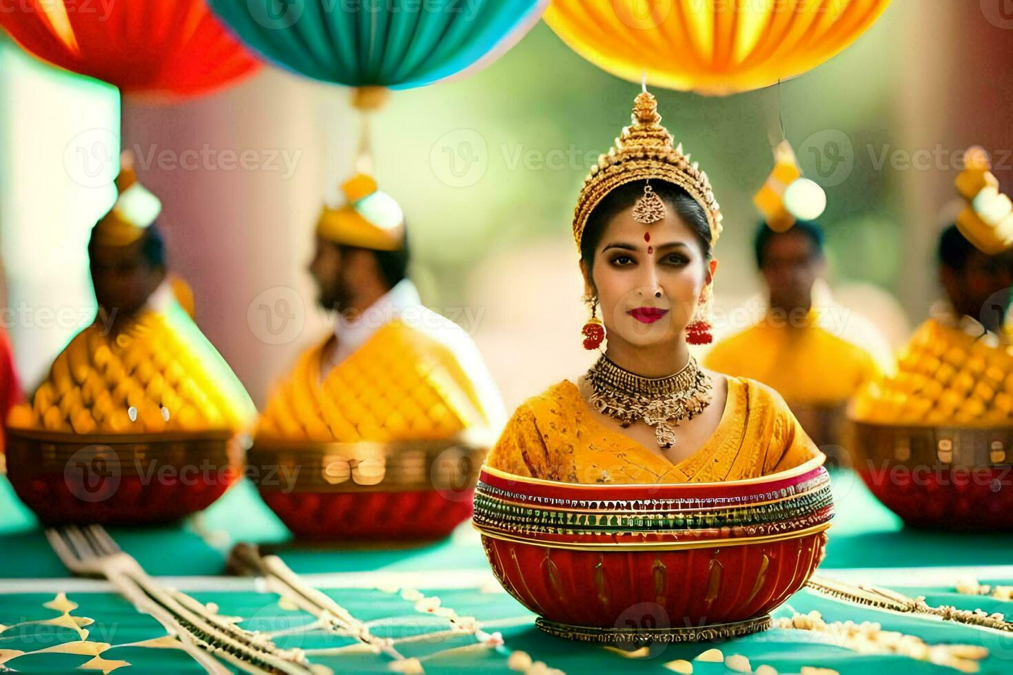 a woman in traditional dress sitting in a bowl. AI-Generated photo