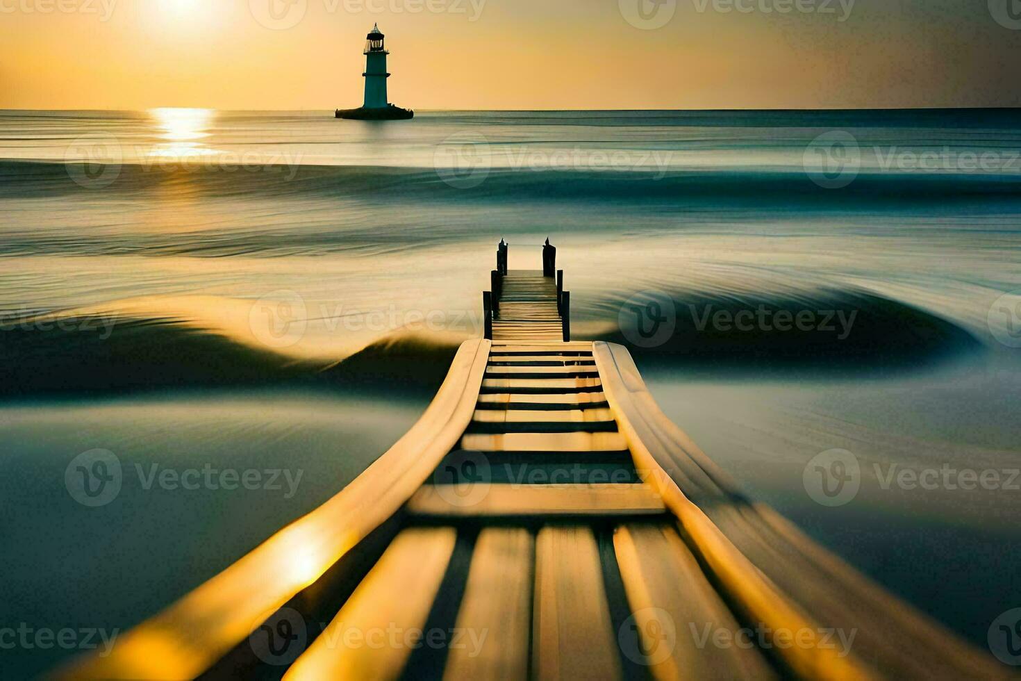 a long exposure photograph of a pier with a lighthouse in the background. AI-Generated photo