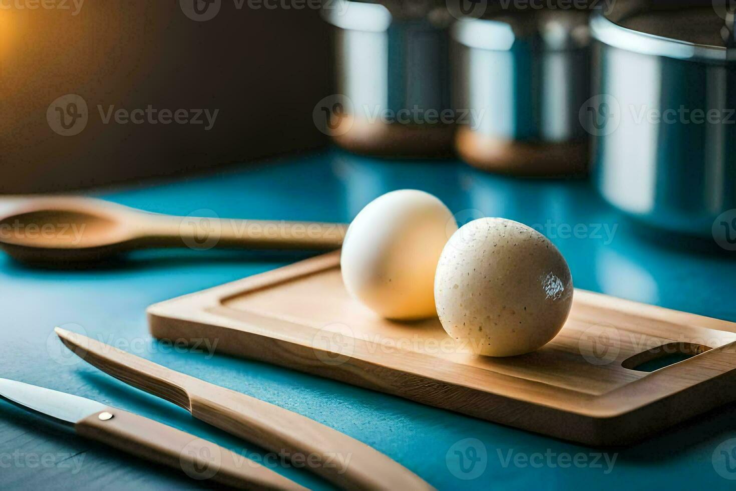 two eggs on a cutting board with knives and a pot. AI-Generated photo