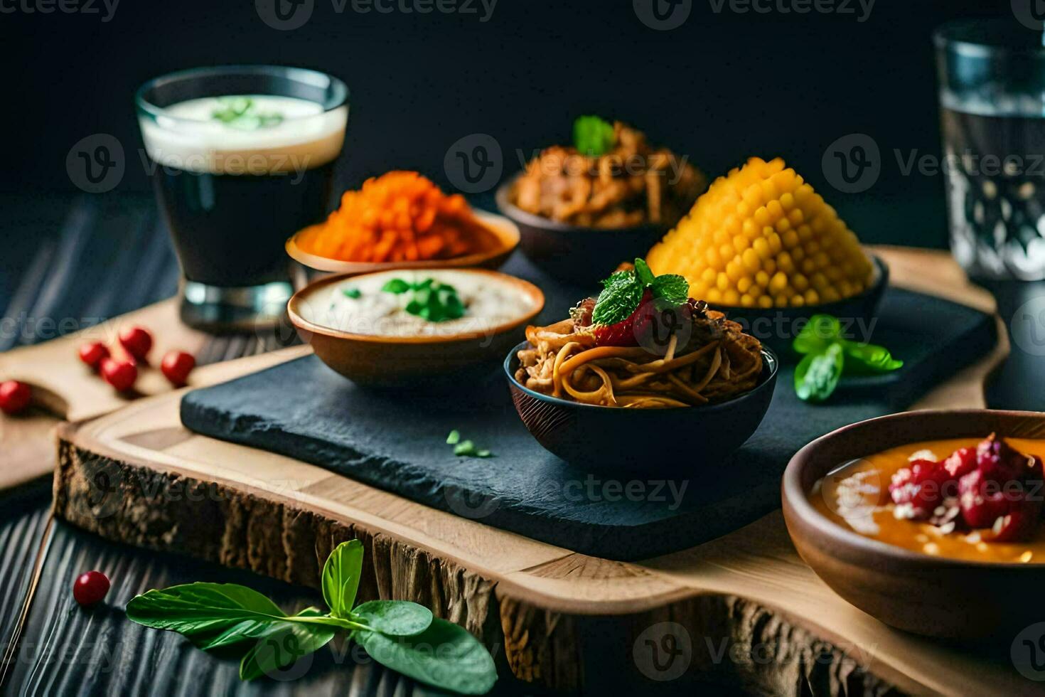 a variety of food on a wooden board. AI-Generated photo