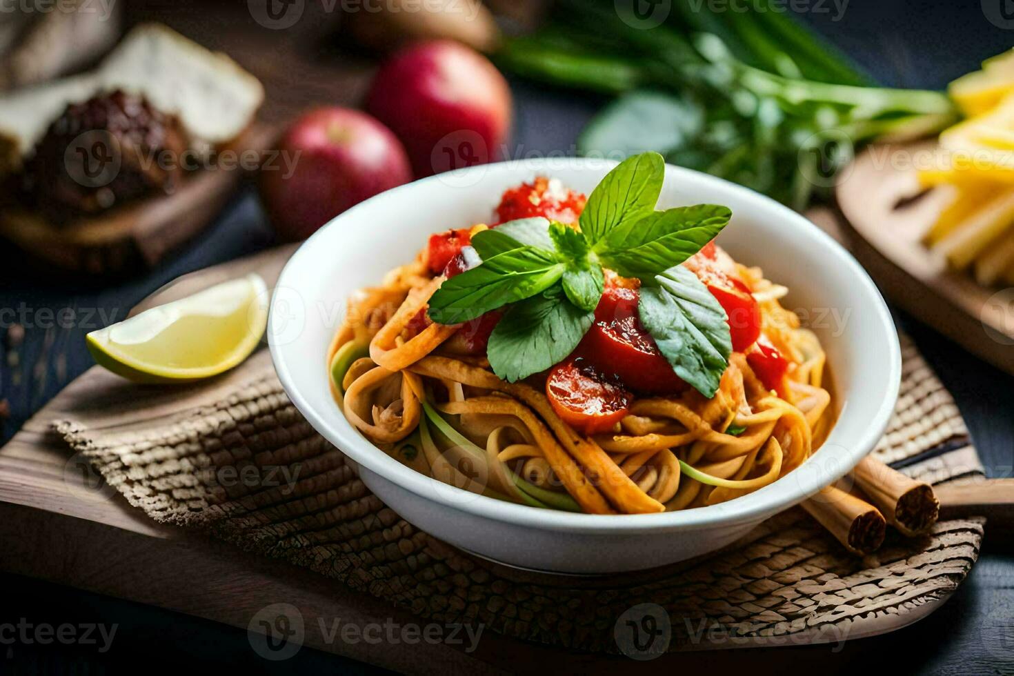 spaghetti with tomato sauce and basil leaves. AI-Generated photo