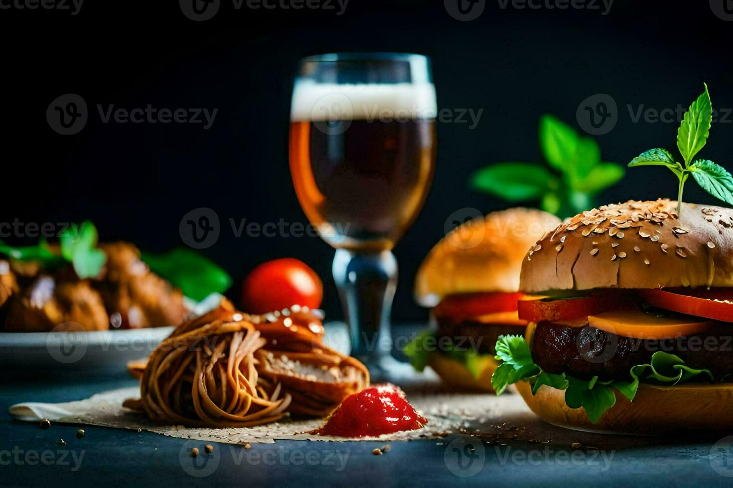 a hamburger, a glass of beer and a plate of food. AI-Generated photo