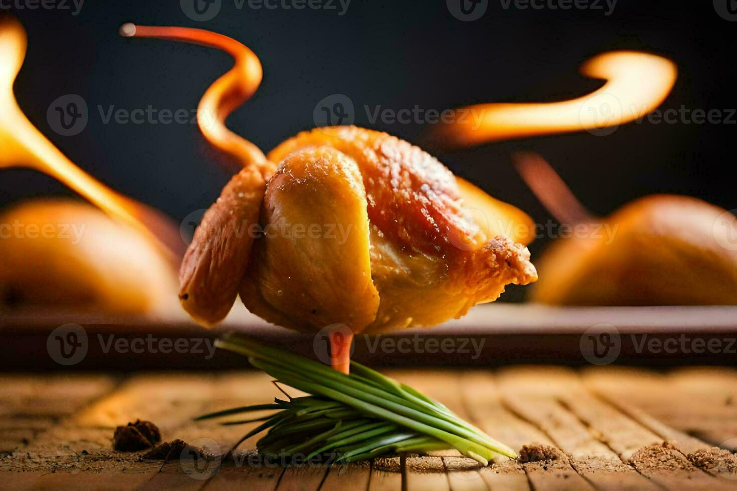 a piece of chicken on a wooden table with fire. AI-Generated photo