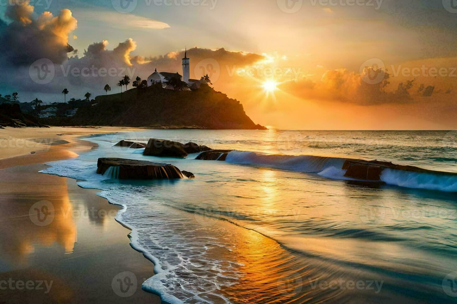 the sun rises over the ocean and the lighthouse on the beach. AI-Generated photo