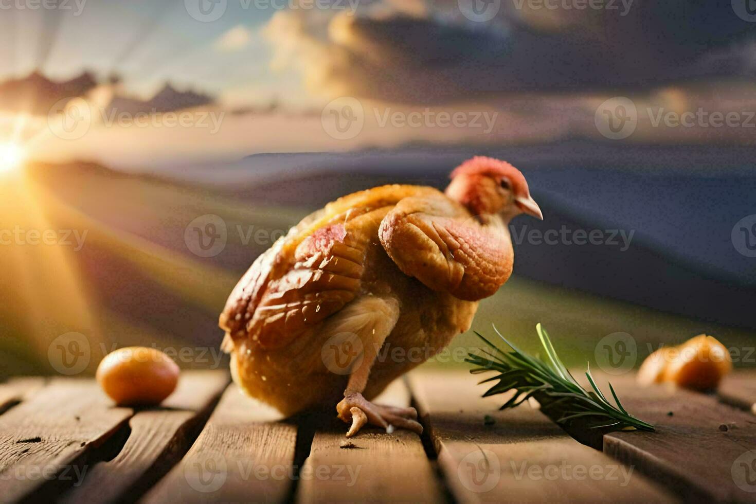 a chicken is standing on a wooden table with oranges. AI-Generated photo