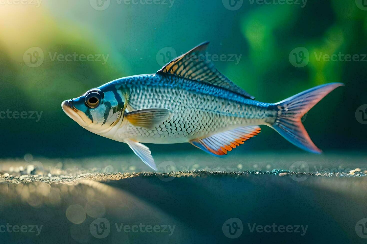 un pescado es en pie en el suelo con el Dom brillante. generado por ai foto