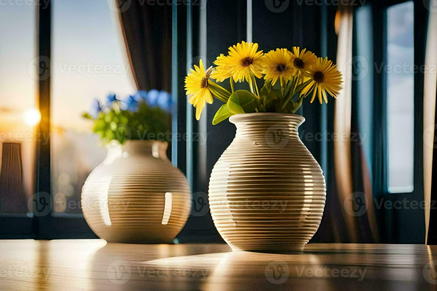 two vases with flowers sitting on a table in front of a window. AI-Generated photo