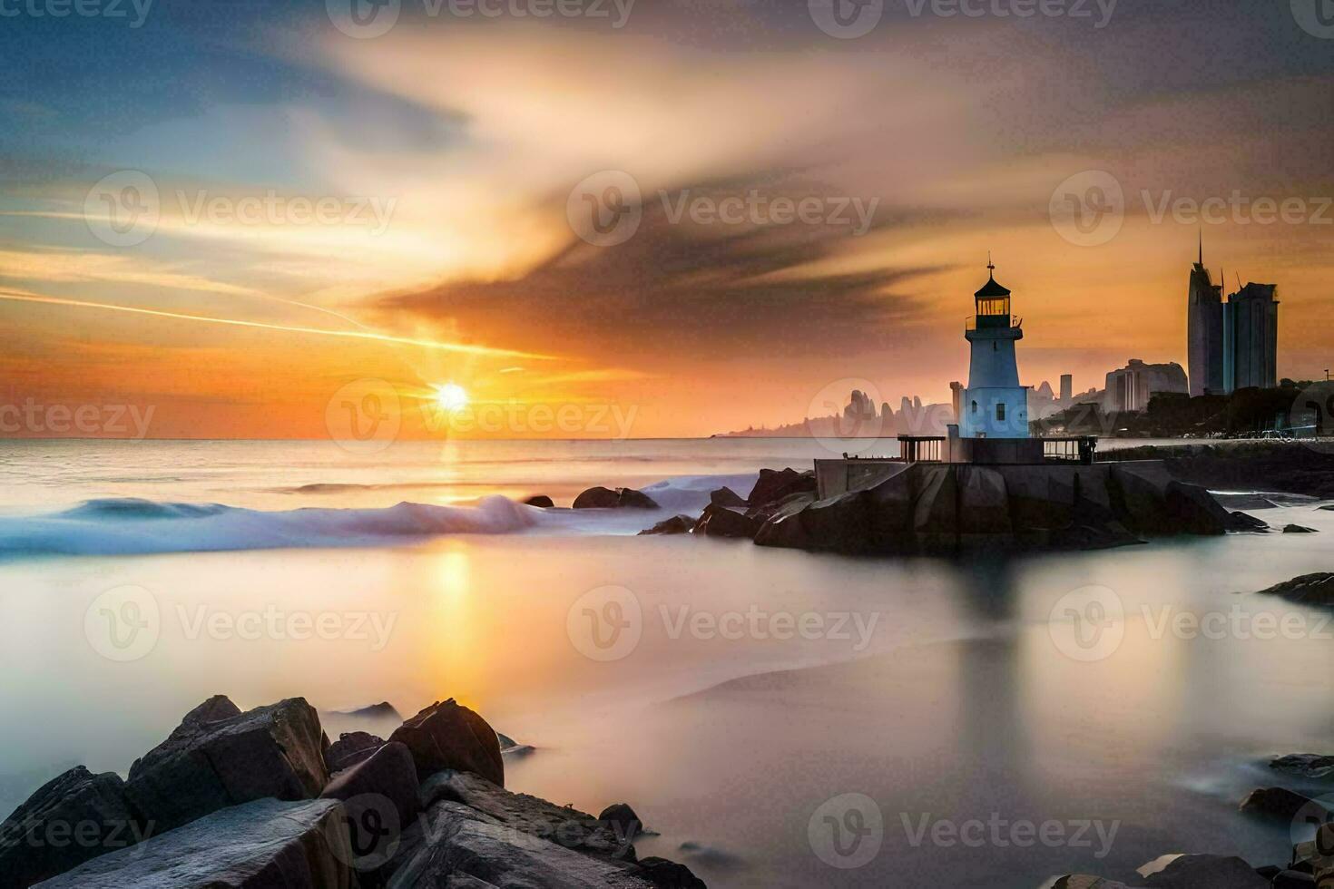 the sunrise over the ocean with a lighthouse in the foreground. AI-Generated photo