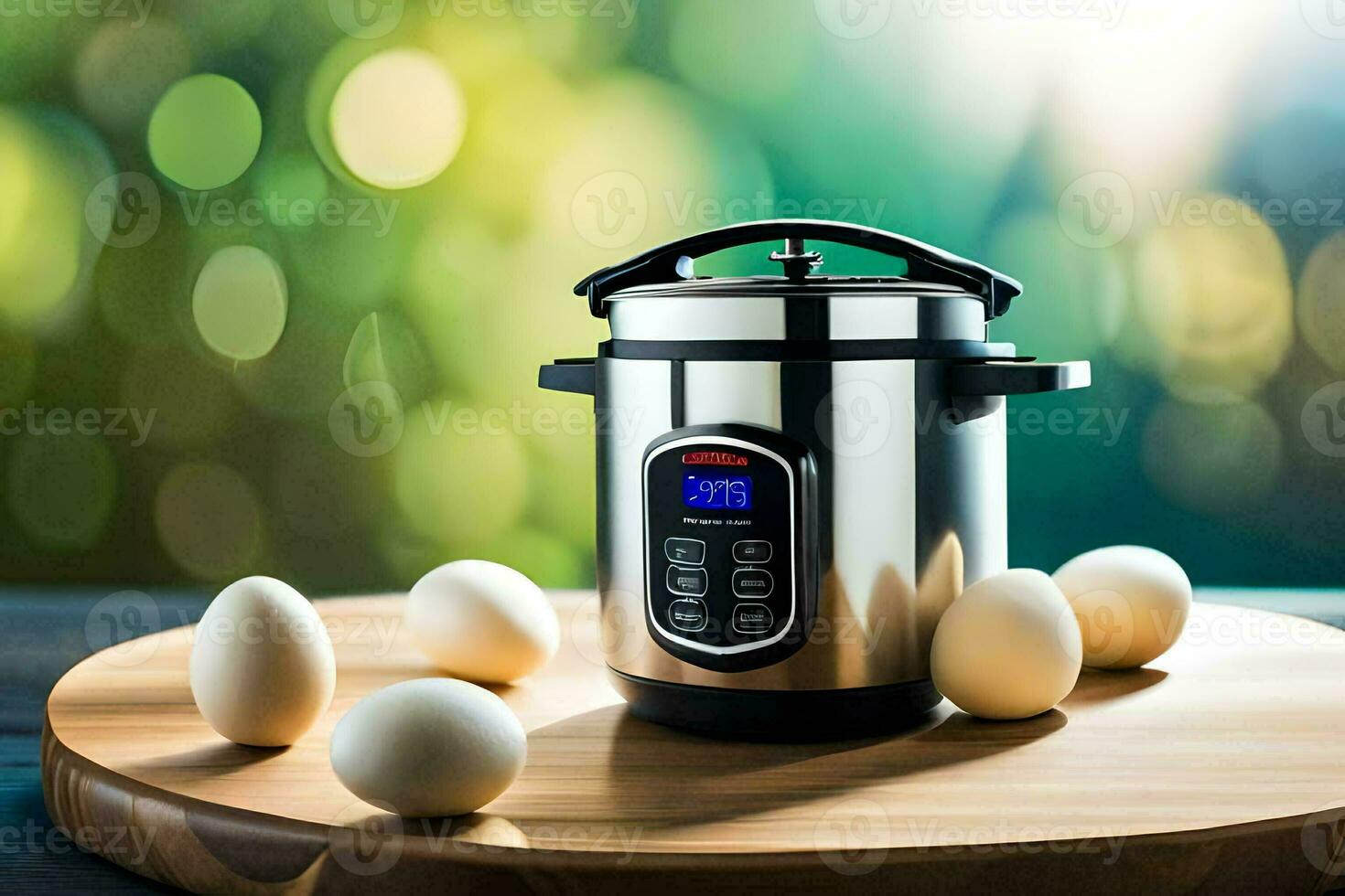 a stainless steel pressure cooker with eggs on a cutting board. AI-Generated photo