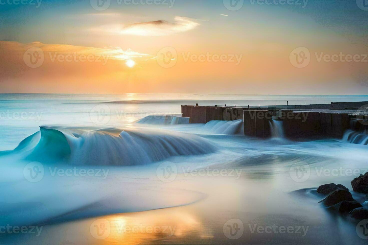 a beautiful sunset over the ocean with waves crashing into the shore. AI-Generated photo