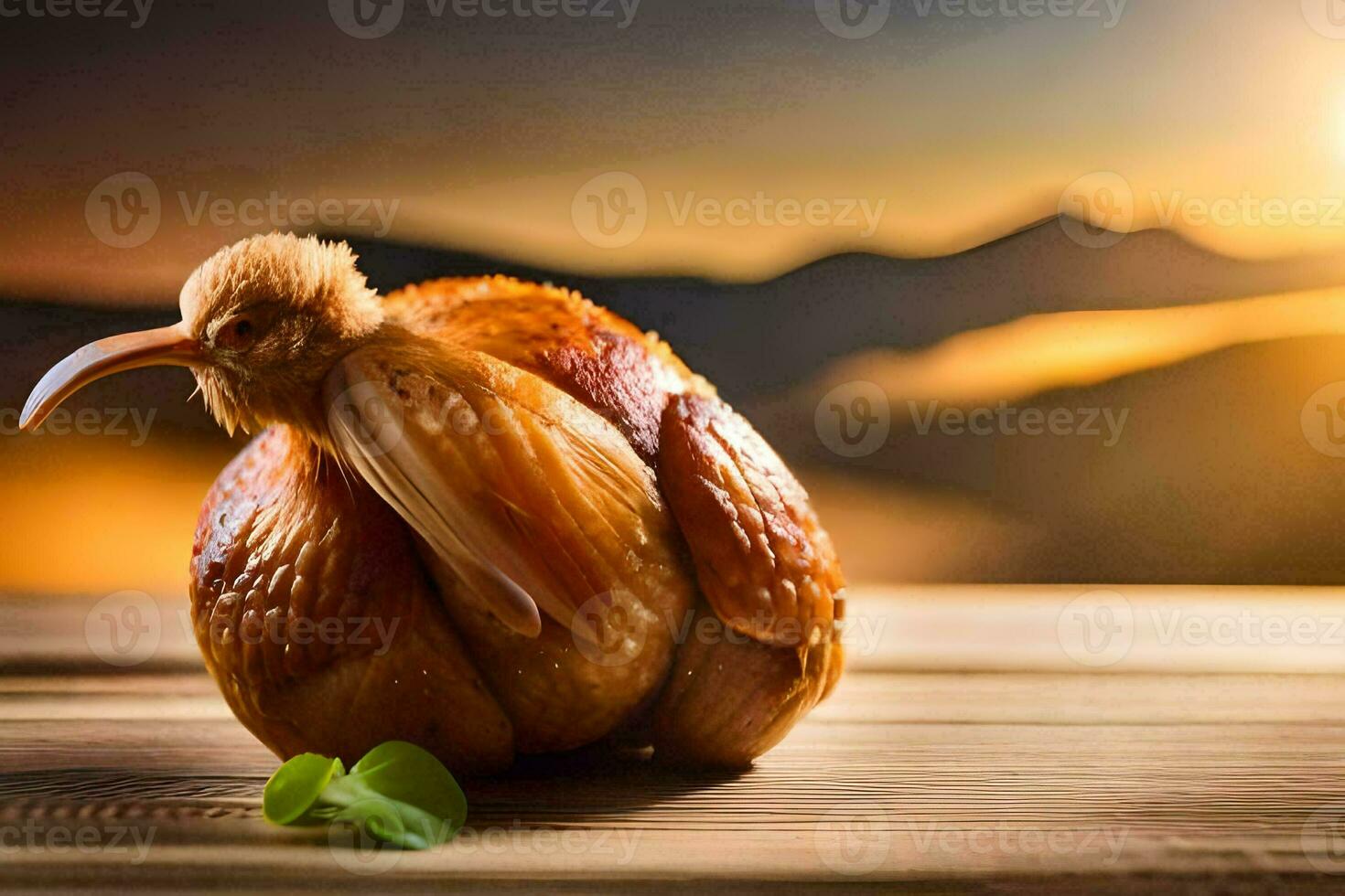 un pollo es sentado en un mesa con un puesta de sol en el antecedentes. generado por ai foto