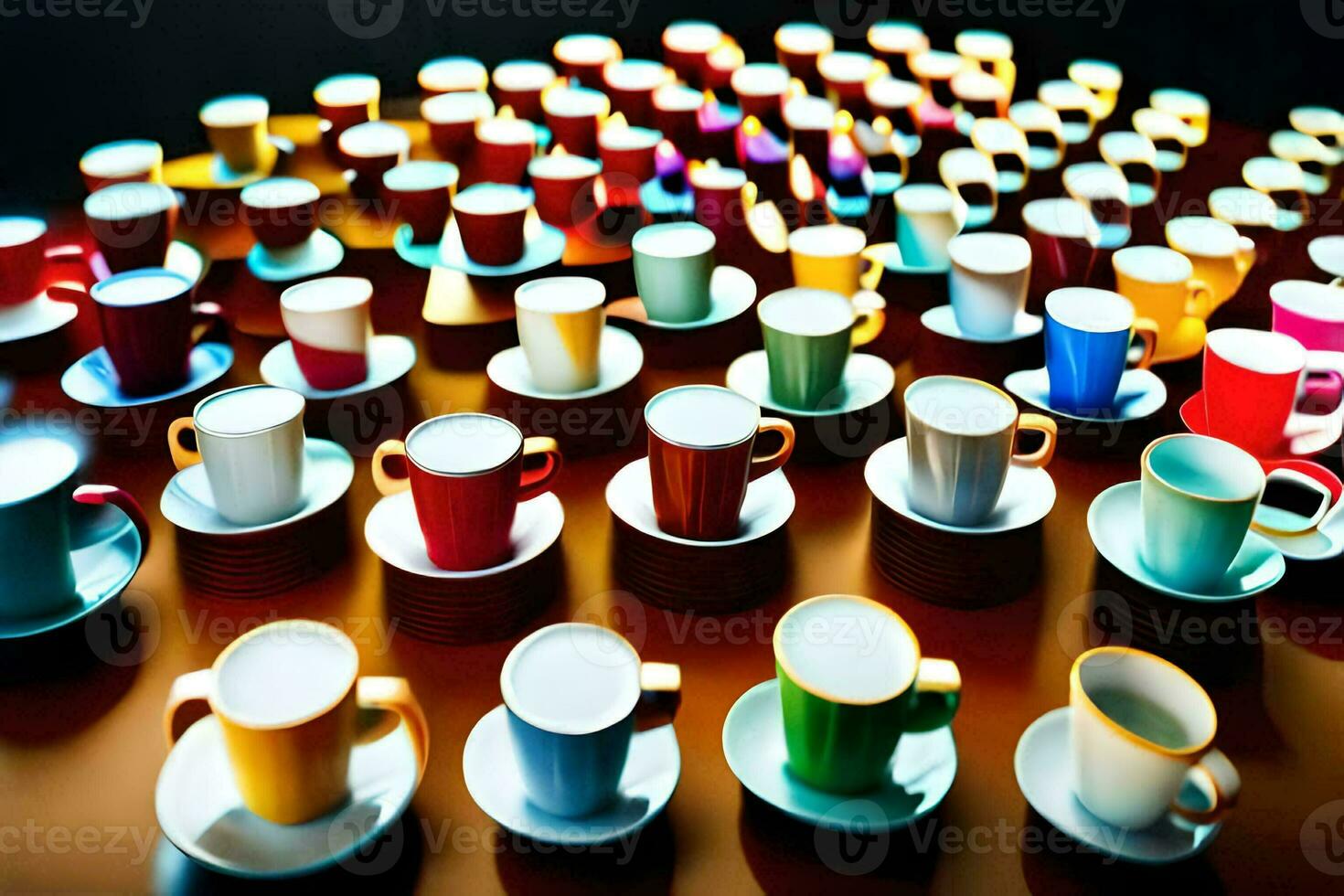 a large group of colorful coffee cups and saucers. AI-Generated photo