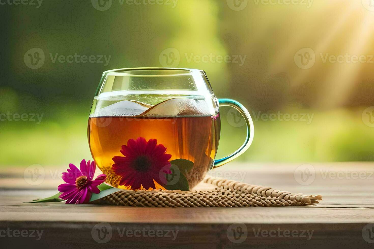 a glass of tea with flowers on a wooden table. AI-Generated photo