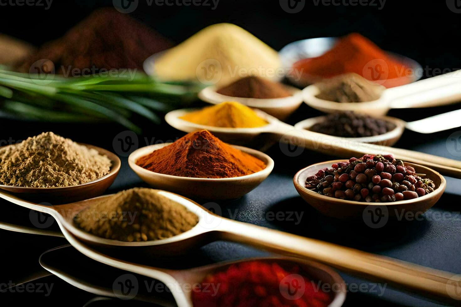 spoons filled with different types of spices. AI-Generated photo